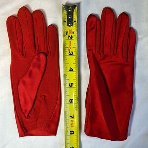 Vintage red satin gloves. Rayon/nylon. Small.